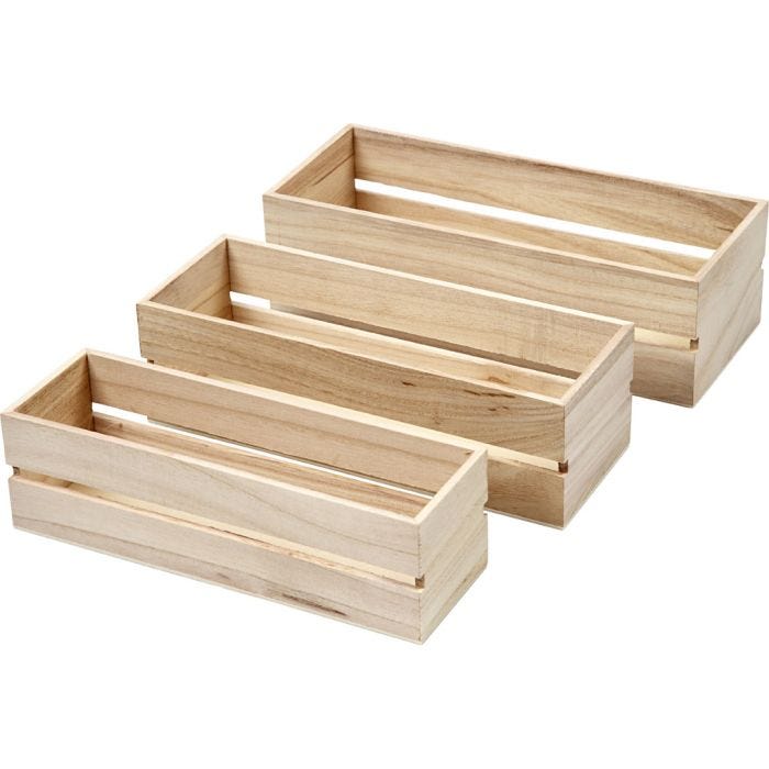 Trälådor, H: 6,5+7+7,5 cm, L: 22+23,5+25 cm, B: 7+8,5+10 cm, 3 st./ 1 set