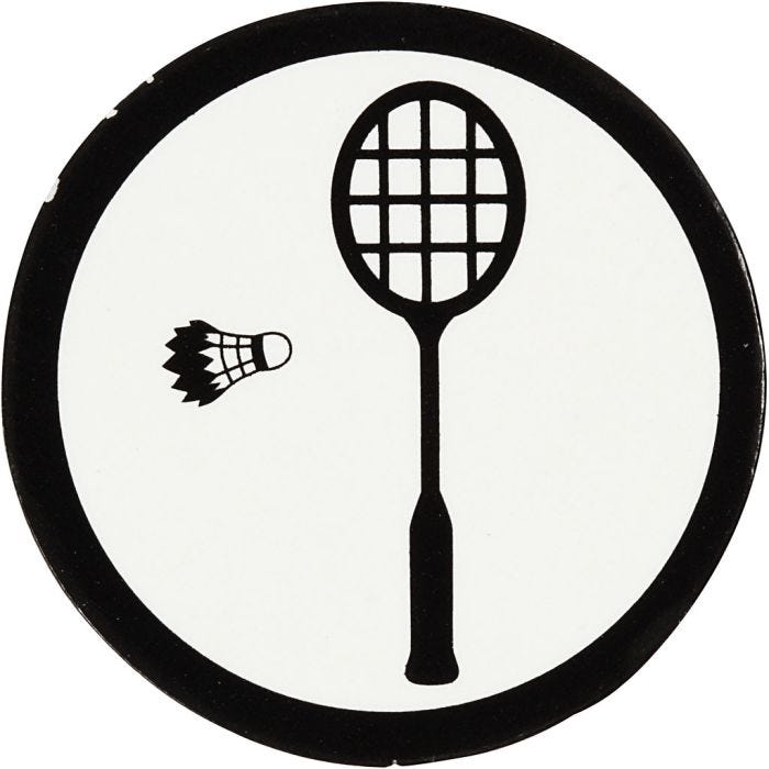Kartongetikett, badmintonracket + fjäderboll, Dia. 25 mm, vit/svart, 20st./ 1 förp.