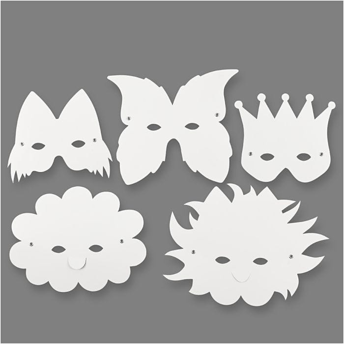Masker av papp och elastiskt band, H: 15-20 cm, 230 g, vit, 5 st./ 1 förp.