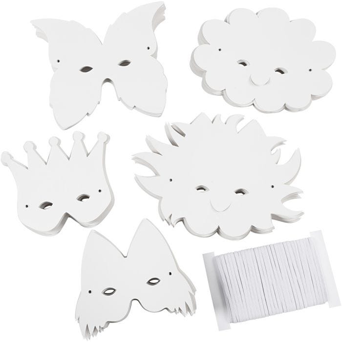 Masker av papp och elastiskt band, H: 15-20 cm, 230 g, vit, 100 mix./ 1 förp.
