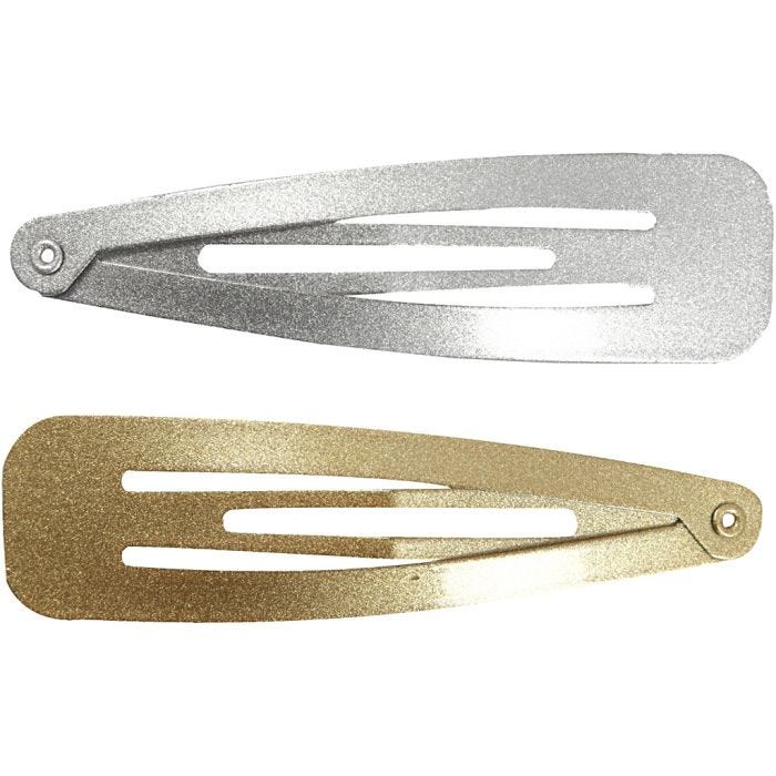 Hårspänne , L: 66 mm, B: 17 mm, guld, silver, 4 st./ 1 förp.