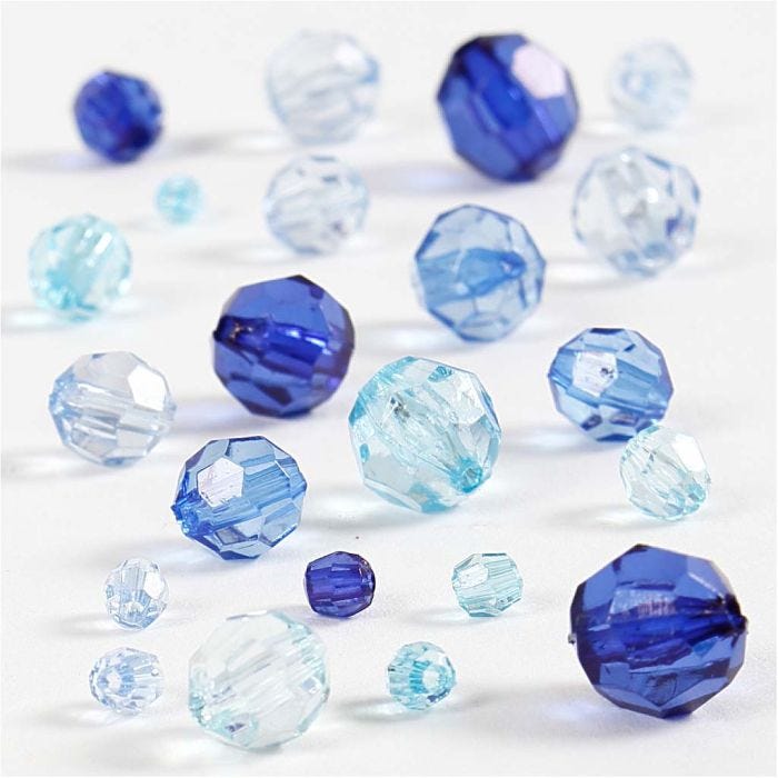 Harmoni Facetterade Plastpärlor, Mixade, stl. 4-12 mm, Hålstl. 1-2,5 mm, blå harmoni, 45g/ 1 förp.