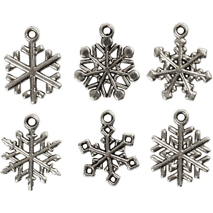Berlocker, snöflingor, H: 20 mm, Hålstl. 1,5 mm, antiksilver, 18 mix./ 1 förp.