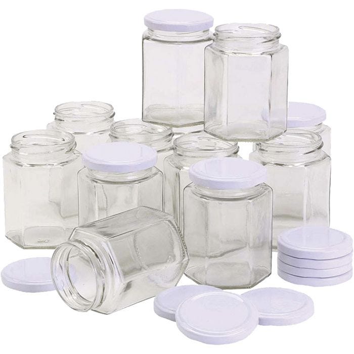 Sexkantig glasburk, H: 8 cm, Dia. 7 cm, 180 ml, 12 st./ 1 förp.