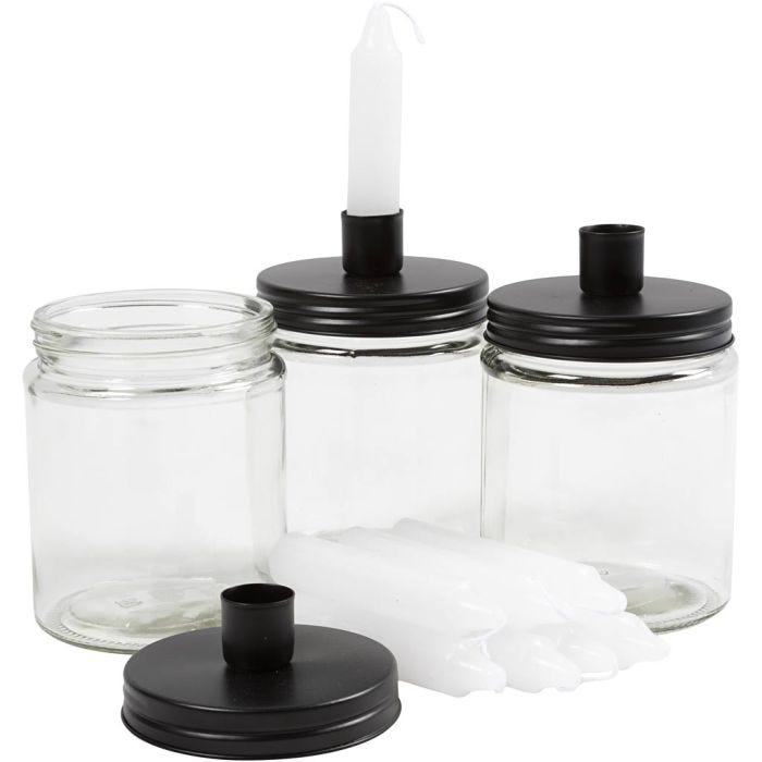 Glas med ljushållare och ljus, H: 15 cm, Dia. 9.5 cm, stl. 15 cm, 6 set/ 1 förp.
