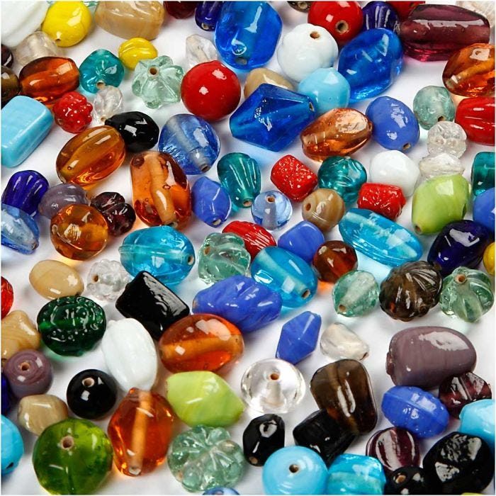 Glaspärlor, stl. 7-18 mm, Hålstl. 1 mm, mixade färger, 1000 g/ 1 förp.