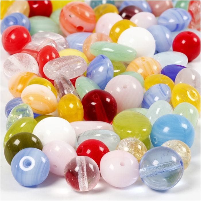 Glaspärlor, rund, oval, rund/platt, Dia. 6-13 mm, Hålstl. 0,5-1,5 mm, mixade färger, 60 g/ 1 förp.