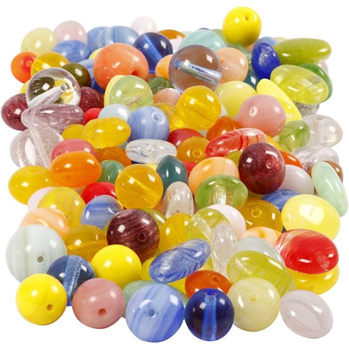 Glaspärlor, rund, oval, rund/platt, Dia. 6-13 mm, Hålstl. 0,5-1,5 mm, mixade färger, 350 g/ 1 förp.