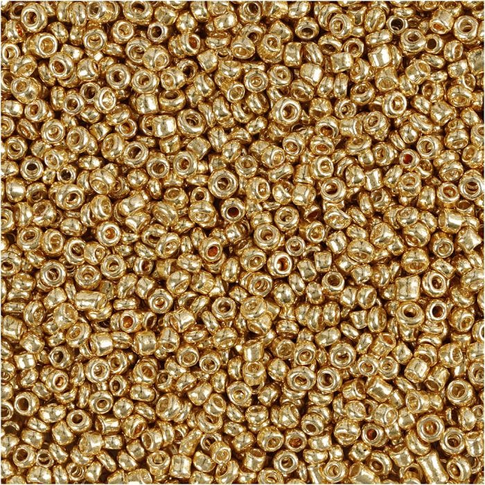 Rocaillepärlor, Dia. 1,7 mm, stl. 15/0, Hålstl. 0,5-0,8 mm, mässing, 25 g/ 1 förp.