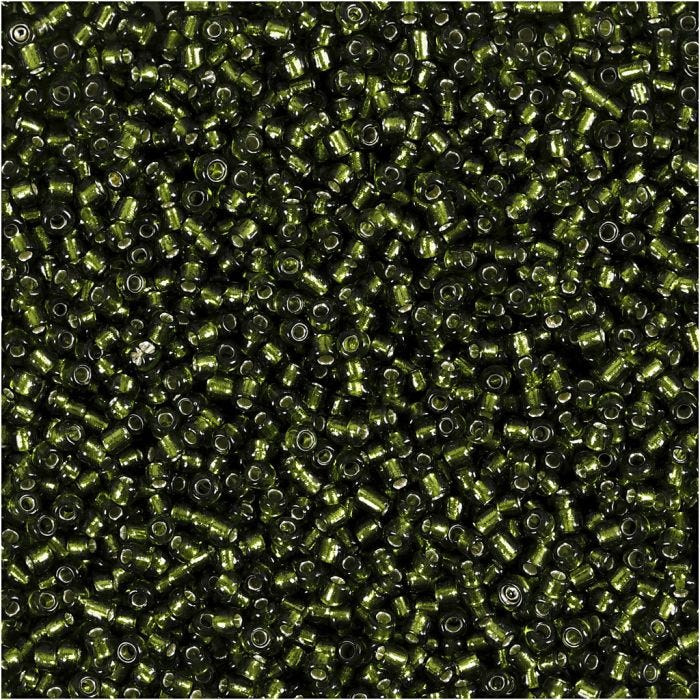 Rocaillepärlor, Dia. 1,7 mm, stl. 15/0, Hålstl. 0,5-0,8 mm, gräsgrön, 25 g/ 1 förp.
