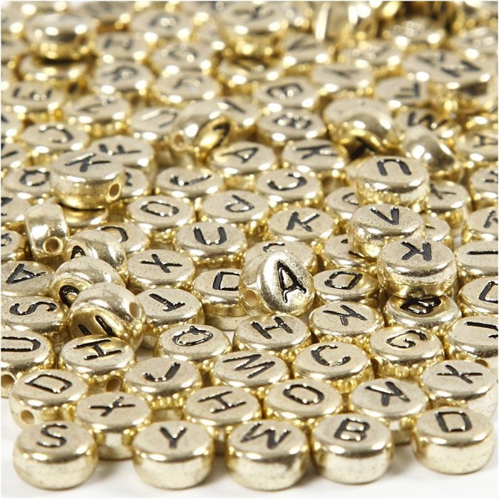 Bokstavspärlor, Dia. 7 mm, Hålstl. 1,2 mm, guld, 21g/ 1 förp.