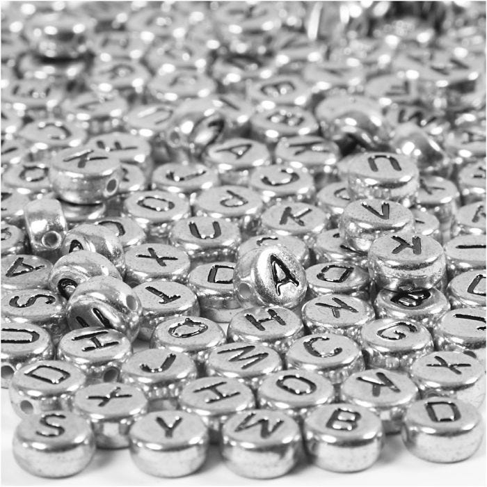Bokstavspärlor, Dia. 7 mm, Hålstl. 1,2 mm, silver, 21g/ 1 förp.