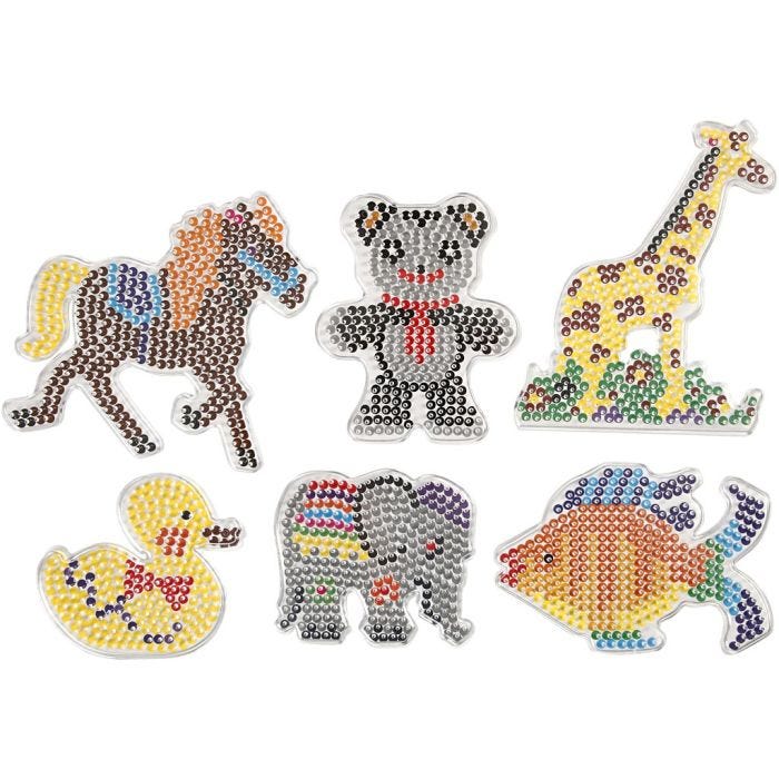 Pärlplattor, anka, elefant, giraff, björn, häst och fisk, stl. 10x11-13x16,5 cm, medium, 6 st./ 1 förp.