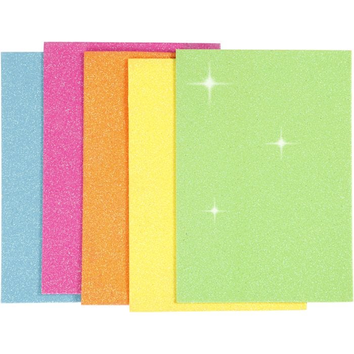 Dekorgummi, A5, ark 150x210 mm, tjocklek 2 mm, mixade färger, 5 ark/ 1 förp.