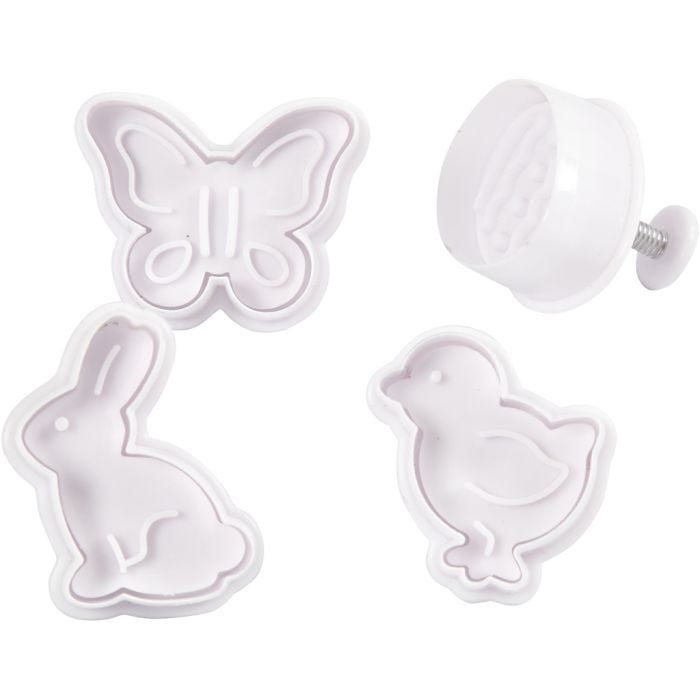 Utsticksform med prägel, påskägg, hare, kyckling, fjäril, H: 5 cm, vit, 4st./ 1 förp.