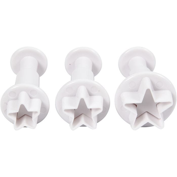 Utsticksform med prägel, stjärna, Dia. 2,1+2,3+2,6 cm, vit, 3 st./ 1 förp.