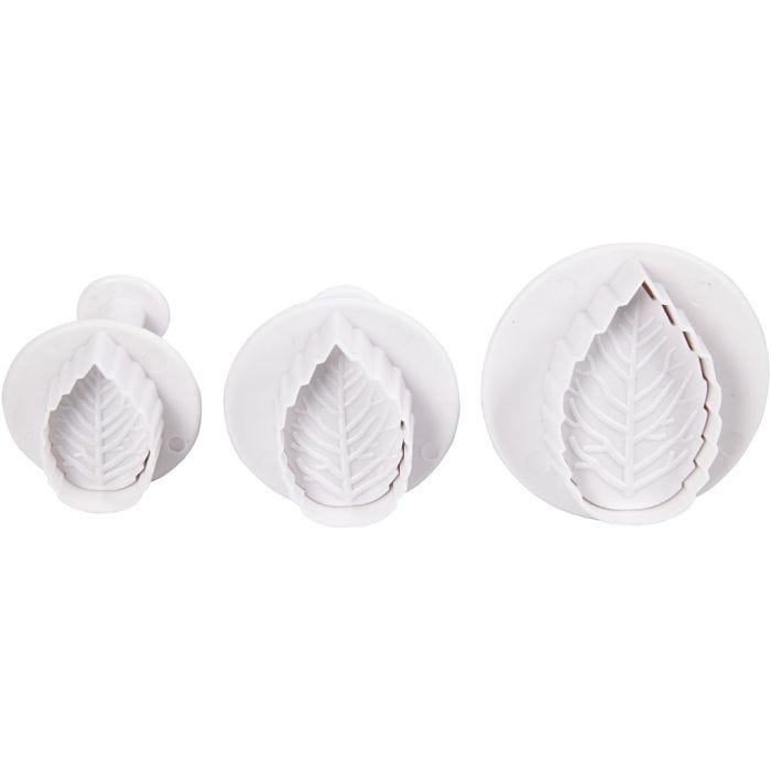 Utsticksform med prägel, blad, Dia. 3,4+4,4+4,9 cm, vit, 3 st./ 1 förp.