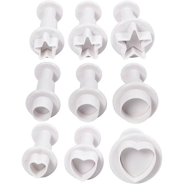 Utsticksform med prägel, stjärna, cirkel, hjärta, Dia. 1,1-3, vit, 9 st./ 1 förp.