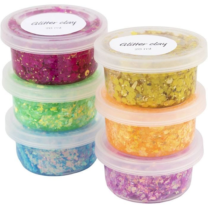 Glitter clay, glade färger, 6x20 ml/ 1 förp.