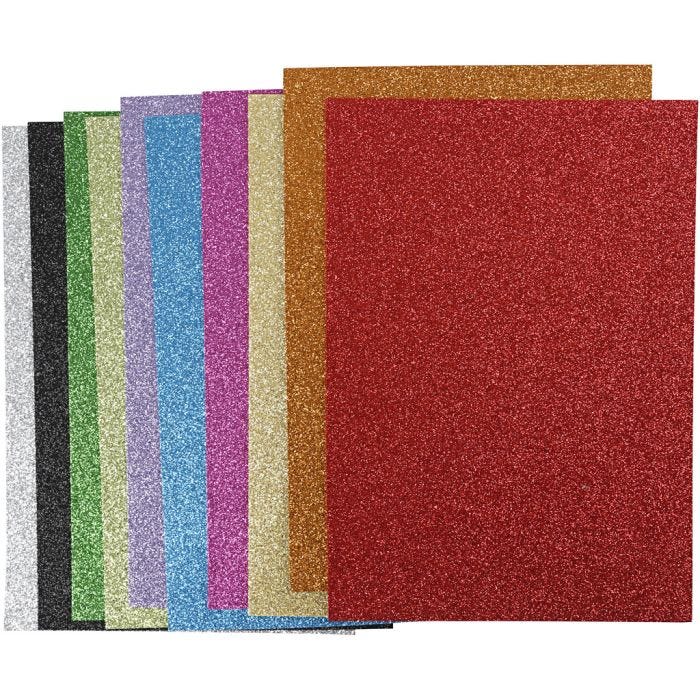 Dekorgummi, A4, ark 210x297 mm, tjocklek 2 mm, glitter, mixade färger, 10 mix. ark/ 1 förp.