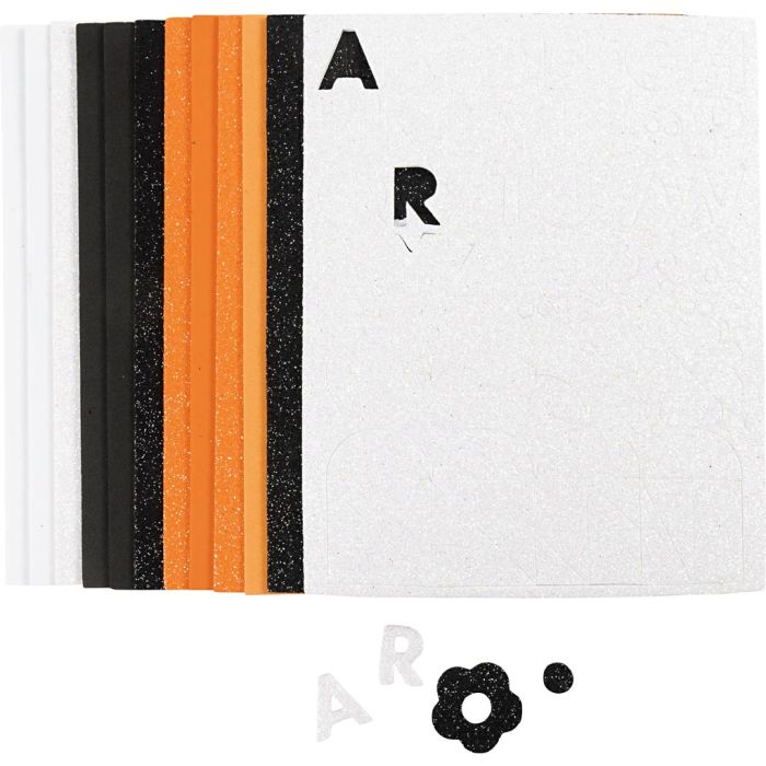 Dekorgummi, stl. 14x25 cm, tjocklek 2 mm, halloweenfärger, 12 ark/ 1 förp.