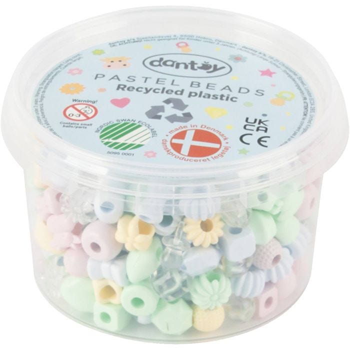 Dantoy pärlor, Återvunnet plastmaterial, Dia. 5-8 mm, Hålstl. 4 mm, pastellfärger, 280 st./ 1 förp.