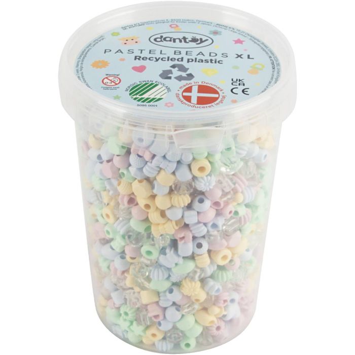 Dantoy pärlor, Återvunnet plastmaterial, Dia. 5-8 mm, Hålstl. 4 mm, ca. 1580 mix., pastellfärger, 720 g/ 1 förp.
