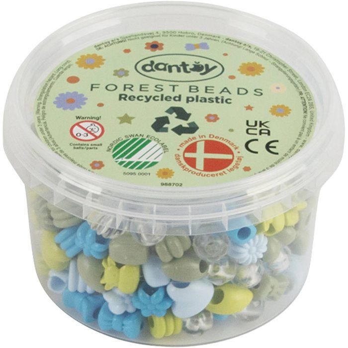 Dantoy pärlor, Återvunnet plastmaterial, Dia. 5-8 mm, Hålstl. 4 mm, blå/grön harmoni, 280 st./ 1 förp.