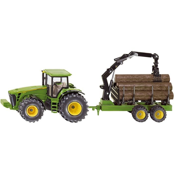 John Deere Traktor med Timmerstockar, H: 11,5 cm, L: 31 cm, B: 6,5 cm, grön, 1 set