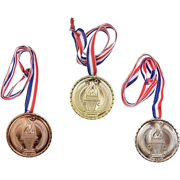 Medaljer, L: 40 cm, Dia. 5 cm, bronze, guld, silver, 12 st./ 1 förp.