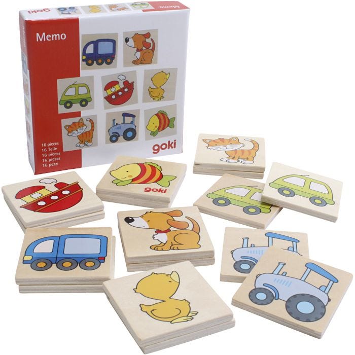 Kom ihåg-spel i trä, Djur och transport, 16 brickor, 1 st.