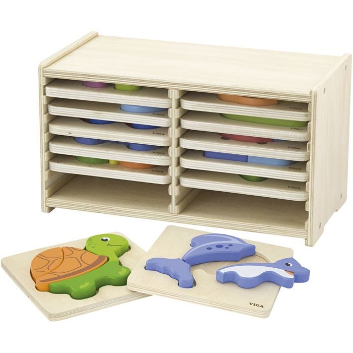 VIGA pusselhylla med 12 blockpussel, H: 17,5 cm, L: 31,5, B: 16 cm, 2 brickor, 12 delar/ 1 set
