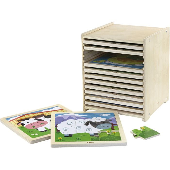 VIGA pusselhylla med 12 pussel, stl. 23x27,5x23,5 cm, 12X9 brickor, 12 delar/ 1 set