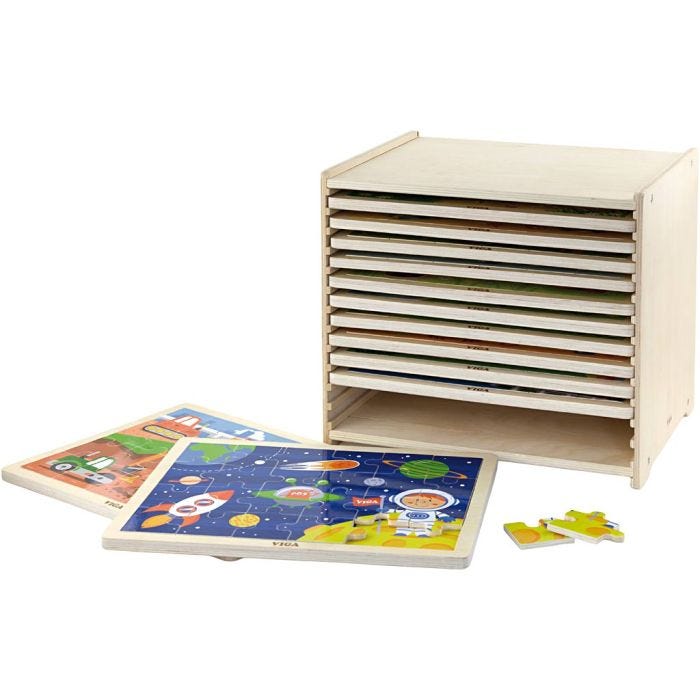 VIGA pusselhylla med 12 pussel, H: 275, L: 315 mm, B: 235 mm, stl. 31x27x23 cm, 12X24 brickor, 12 delar/ 1 set