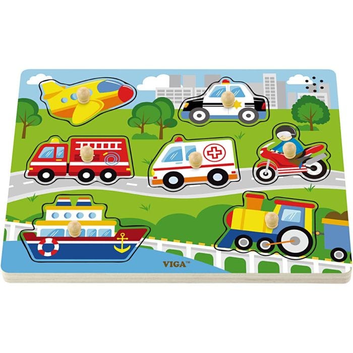 VIGA Träpussel med ljud, Transportmedel, stl. 33x22,5x3 cm, 1 st.