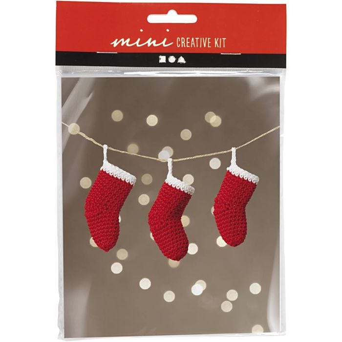 Mini DIY Kit Virkning, Julstrumpor, röd/vit, 1 förp.