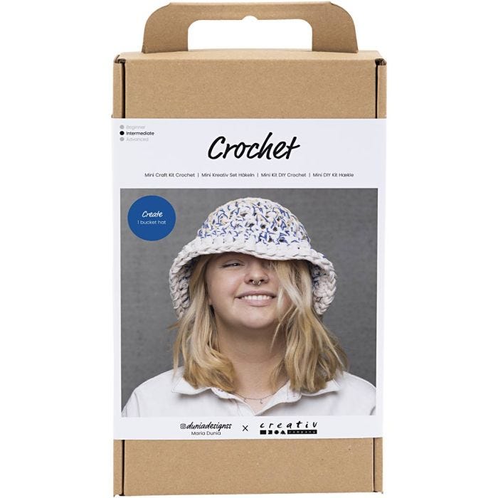 DIY Kit Virkning, Grov fiskarhatt, blå, ljusnatur, gul, 1 förp.