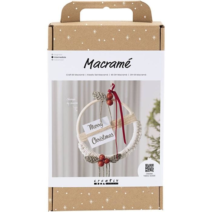 DIY Kit Makramé, Julkrans, mossgrön, julröd, råvit, 1 förp.