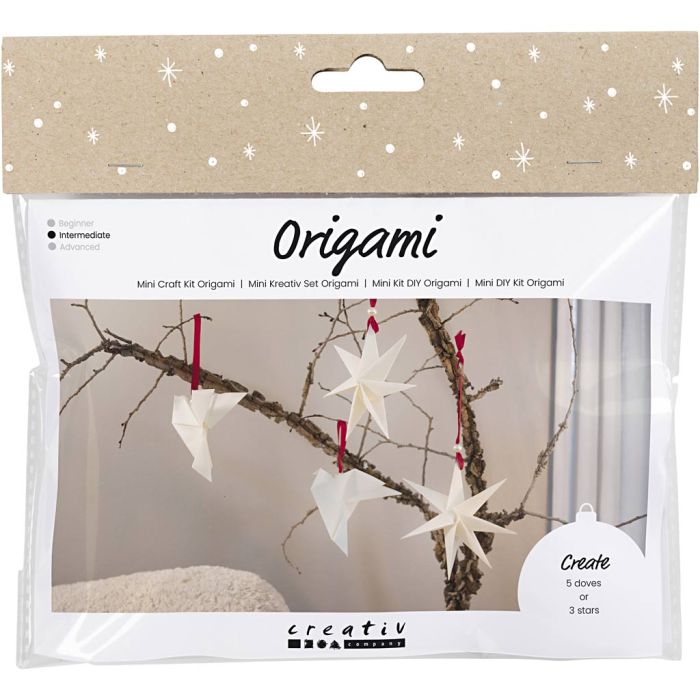 Mini DIY Kit Origami, Duvor/stjärnor, mörkröd, råvit, 1 förp.