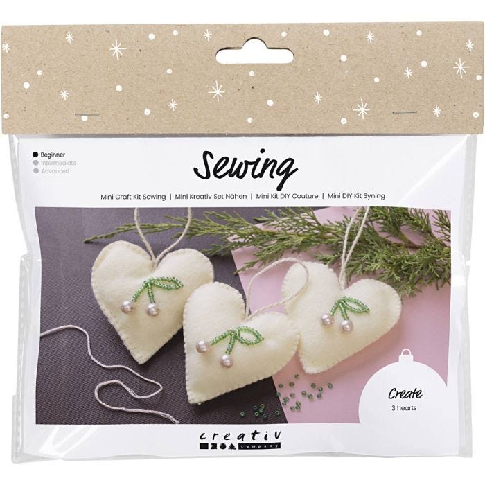 Mini DIY Kit Sömnad, Hjärtan, off white, 1 förp.