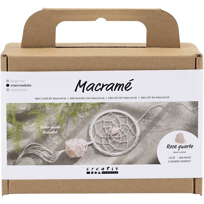 Mini DIY Kit Makramé, Drömfångare med rosenkvartskristall, ljusrosa, vit, 1 förp.