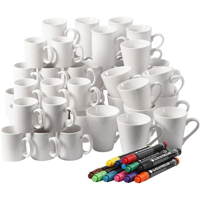Materialset till att dekorera muggar, H: 7-10 cm, vit, 1 set