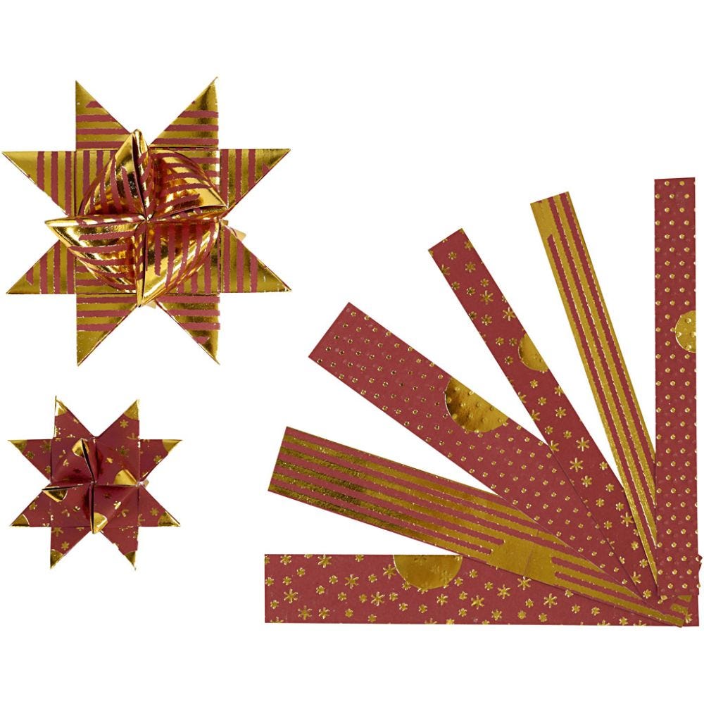 Stjärnstrimlor, L: 44+78 cm, Dia. 6,5+11,5 cm, B: 15+25 mm, guld, röd, 48 strimlor/ 1 förp.