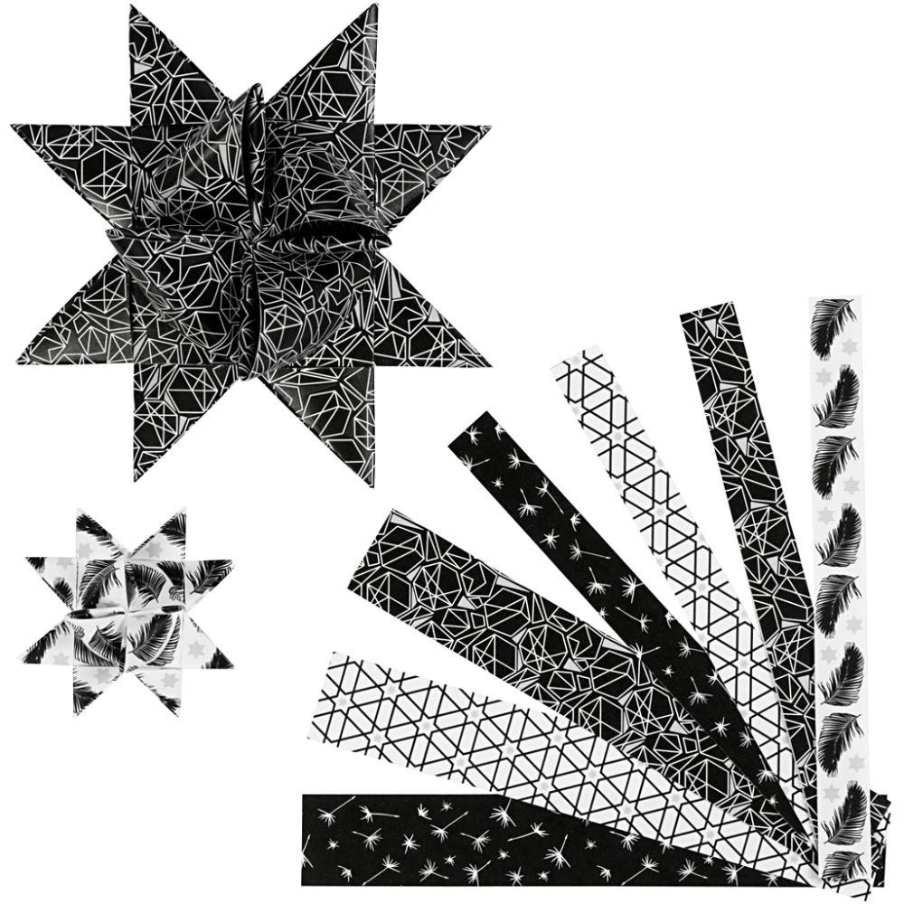 Stjärnstrimlor, L: 44+78 cm, B: 15+25 mm, Dia. 6,5+11,5 cm, svart, silver, 48 strimlor/ 1 förp.
