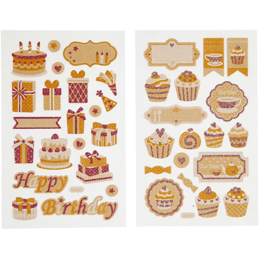 Stickers, födelsedag och cup cakes, 10x16 cm, 4 ark/ 1 förp.